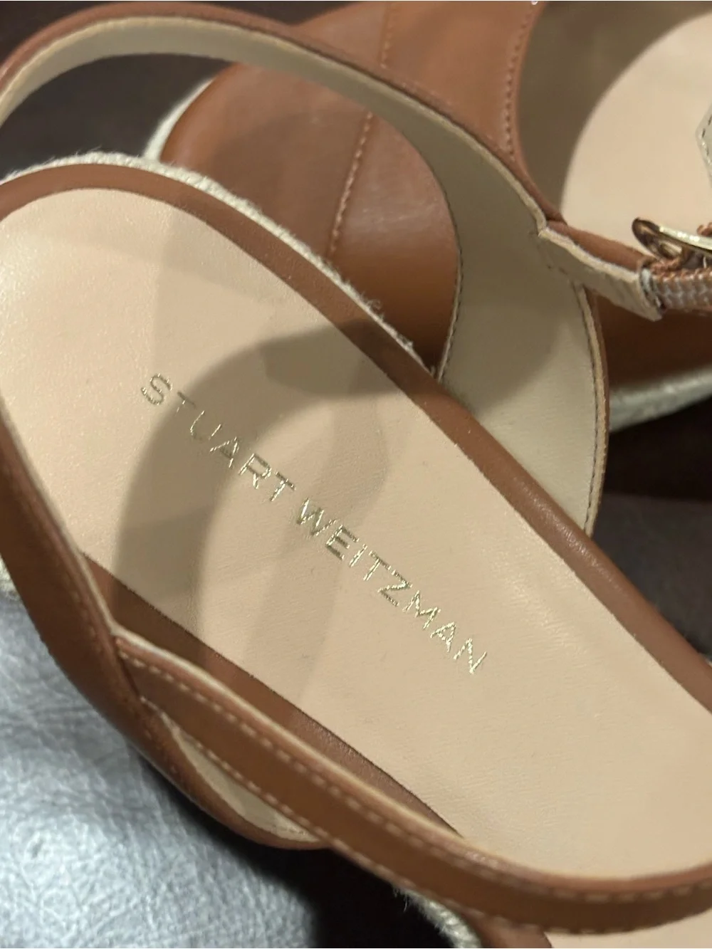 Stuart Weitzman Tan Leather Espadrille Wedge Sandals - Picture 4 of 5